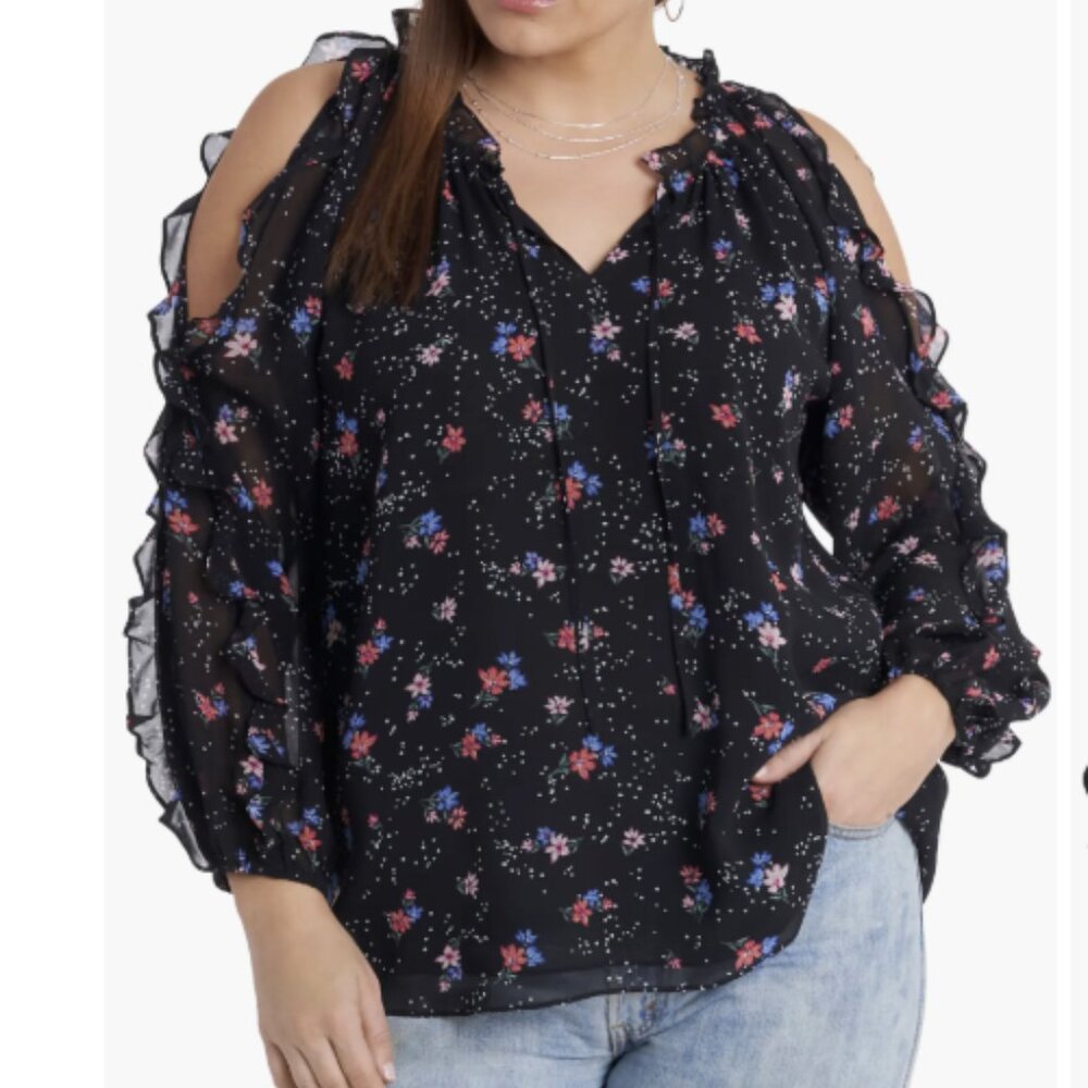 New 1. State Black Multi Color Floral Ruffle Cold Shoulder Chiffon Blouse 1X